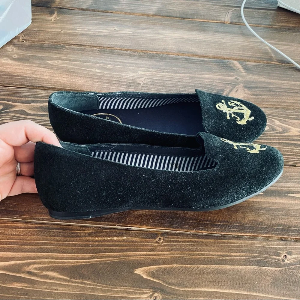 Jack Rogers Reese Suede Anchored Nautical Embroidered Ballet‎ Flats Black Size 6 - Picture 4 of 8